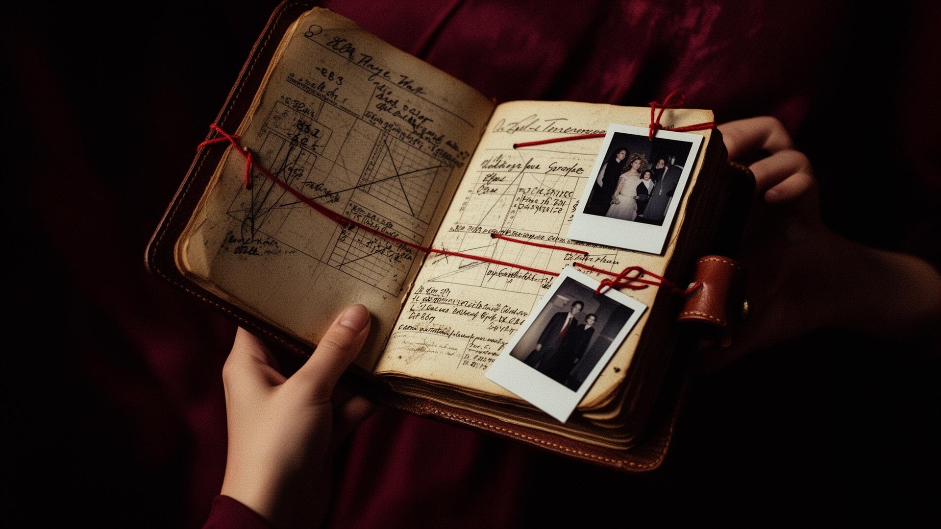 A worn leather journal of handwritten health notes, charts and polaroids strung with red thread.